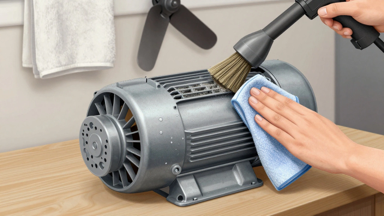 Technical cross-section of a fan motor being cleaned with a dry brush, no water contact.