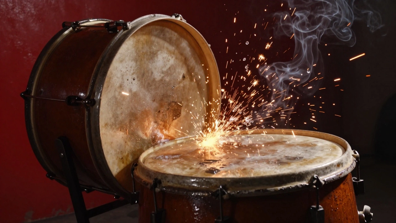 Worn drum bearing scraping against tub, sparks and water droplets in motion.