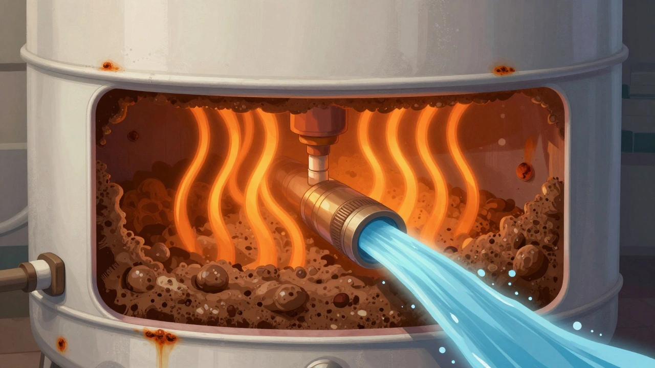 Cross-section of a water heater tank showing thick mineral sediment blocking heat transfer from the element.