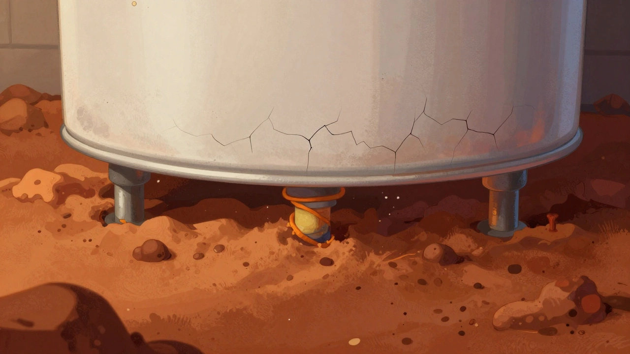 Cross-section of a water heater with sediment buildup and early metal cracks from thermal stress and hard water damage.