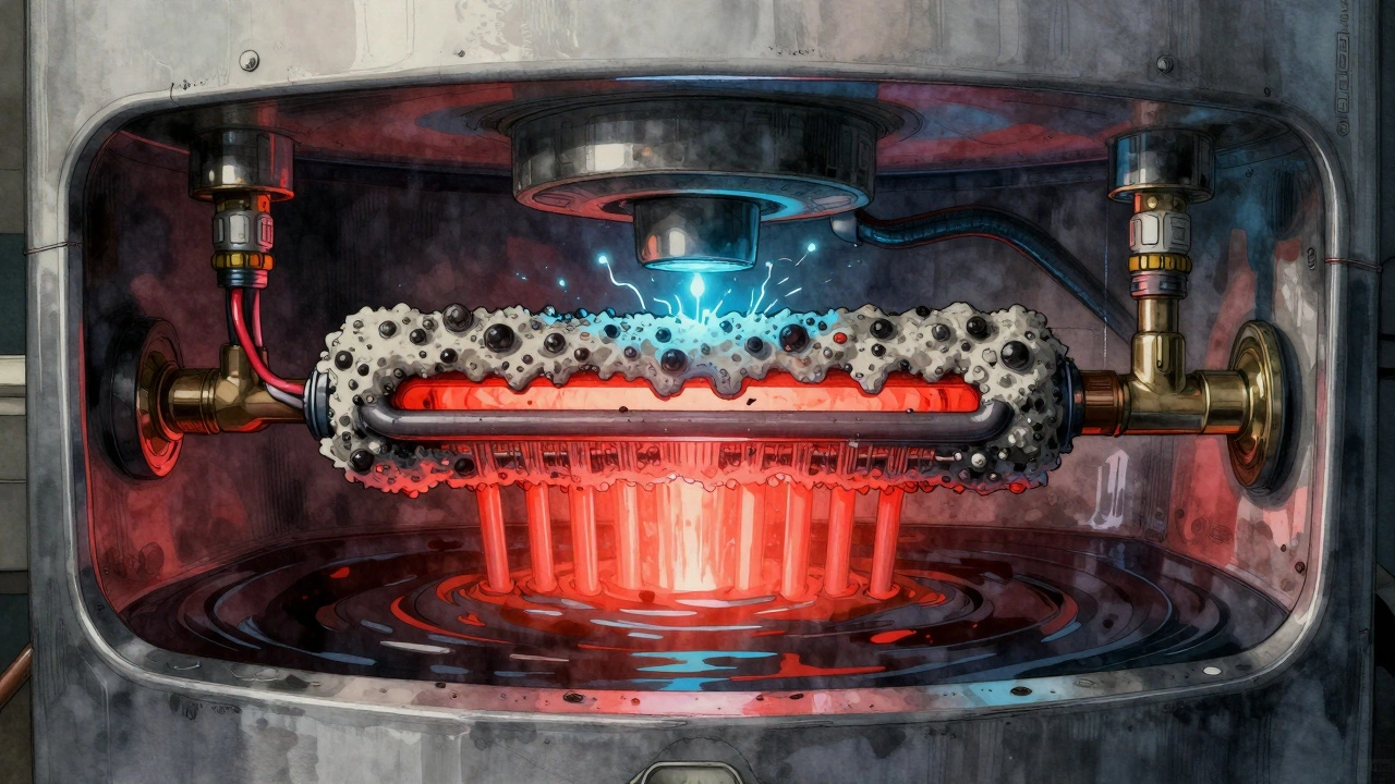 Cross-section of water heater showing mineral buildup and electrical fault on heating element.