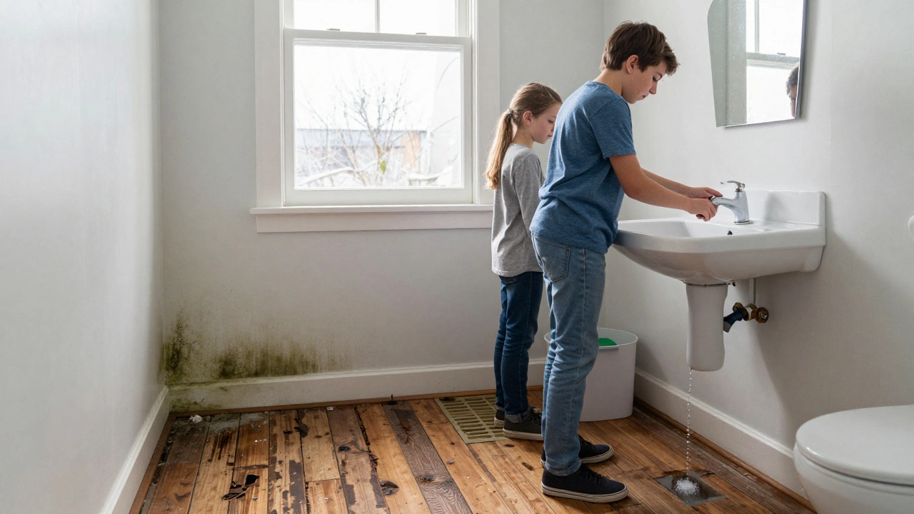 Family in a cold bathroom facing a leaking old water heater with mold creeping up the wall.