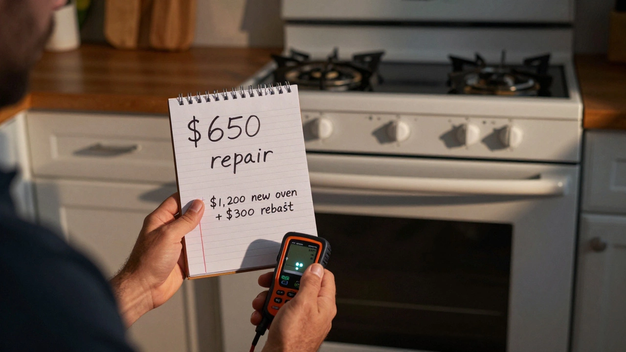 Homeowner compares repair and replacement costs in front of a malfunctioning oven with a gas detector beeping.
