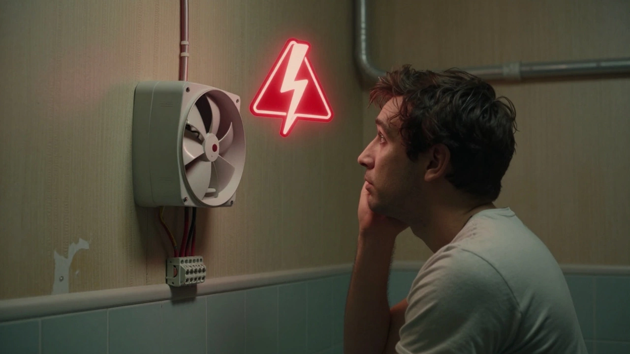 Homeowner facing a wall-mounted extractor fan with exposed wiring, a glowing lightning bolt warning symbol above.
