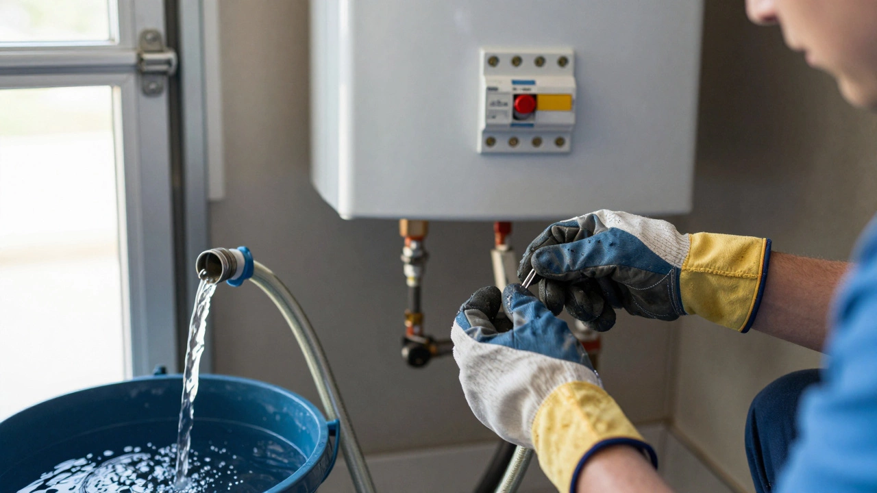 Homeowner replacing a water heater element while drain hose runs into a bucket.
