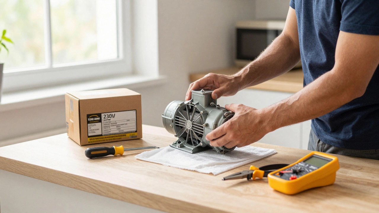 Homeowner replacing extractor fan motor with tools and replacement part visible on counter.