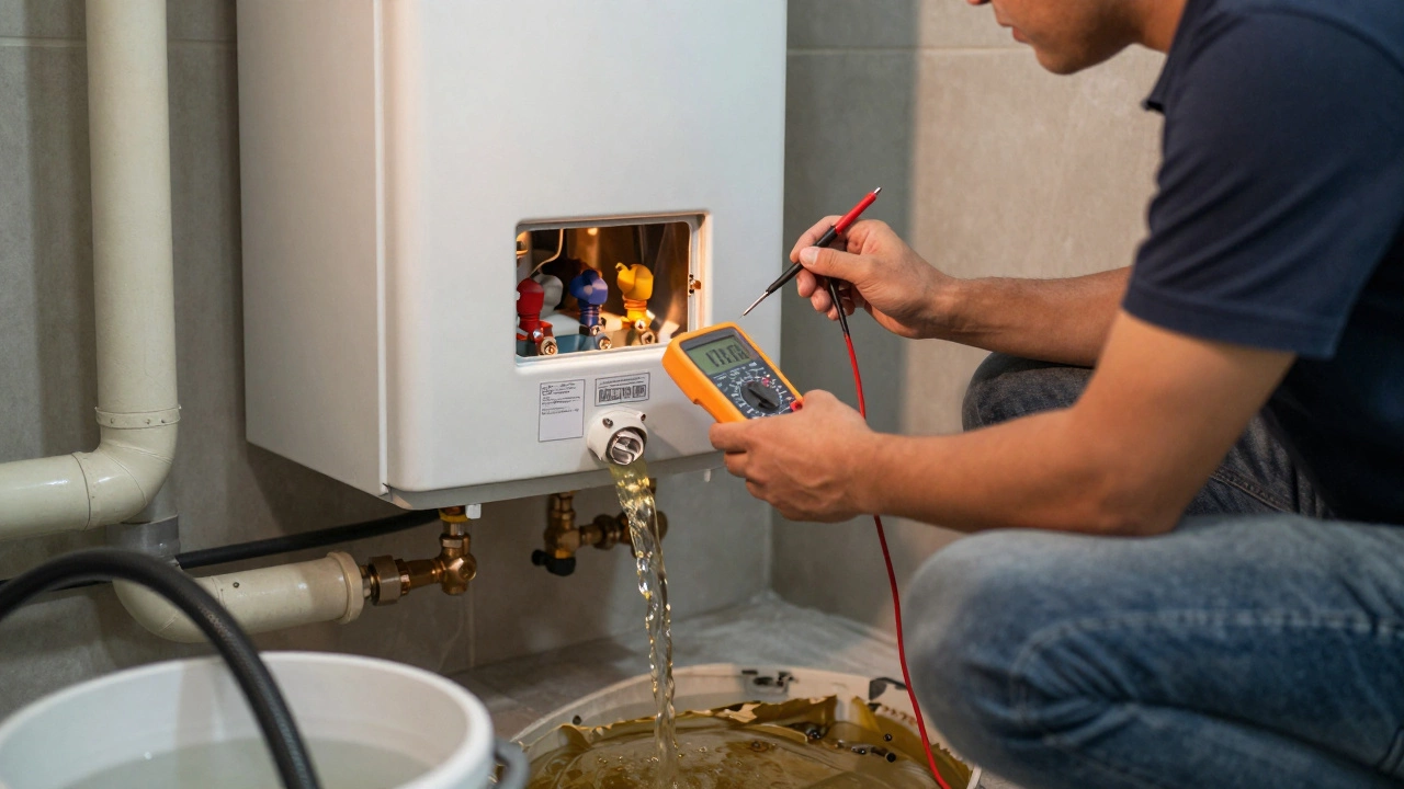Homeowner testing a water heater's heating element with a multimeter, drain hose running to a bucket.