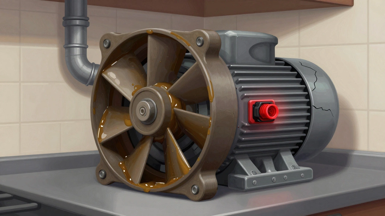 Internal components of a broken extractor fan showing seized blades, humming motor, and overheating thermal switch.