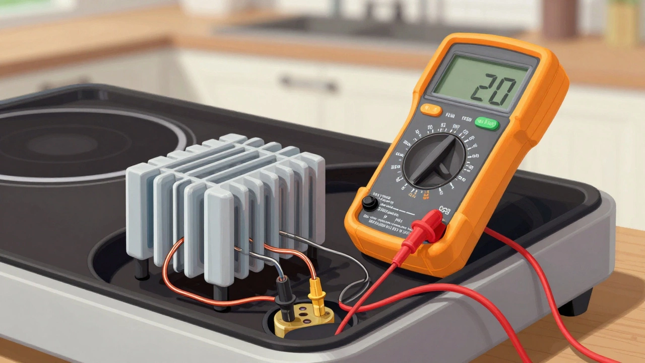 Multimeter testing heating element on lifted electric hob top.