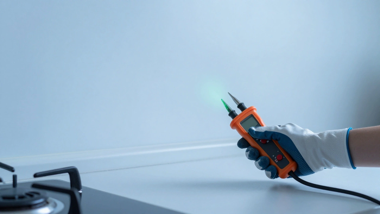 Person in insulated gloves using voltage tester on electric hob.