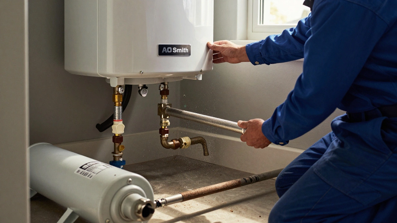 Plumber examining a long anode rod in an AO Smith water heater, with a discarded Rheem unit on the floor.
