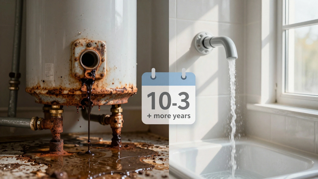 Split image: left shows a rusted, leaking water heater; right shows a clean, functioning unit after flushing.