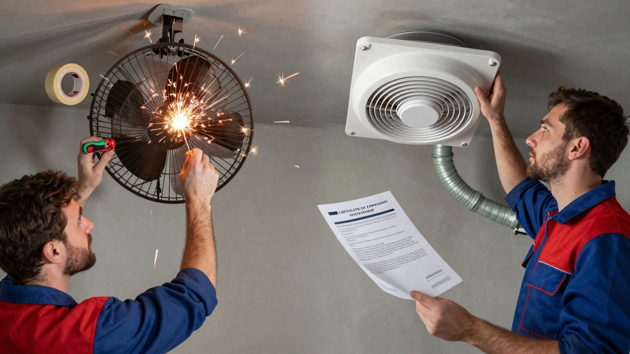 Split image: left shows sparks from DIY fan replacement, right shows a professional installing a vented fan with compliance certificate.