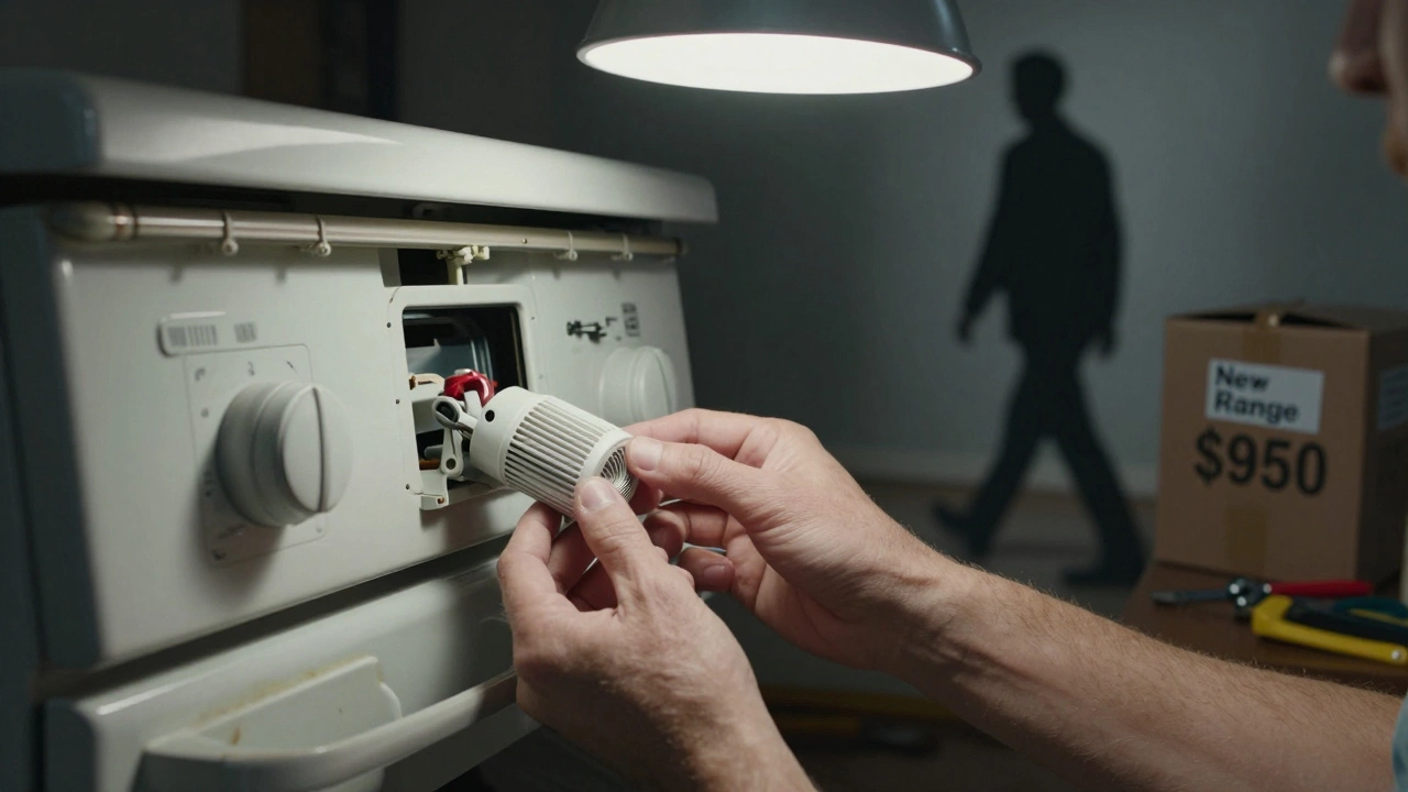 A hand installing a repair part on an old range while a new range box is seen in the background.
