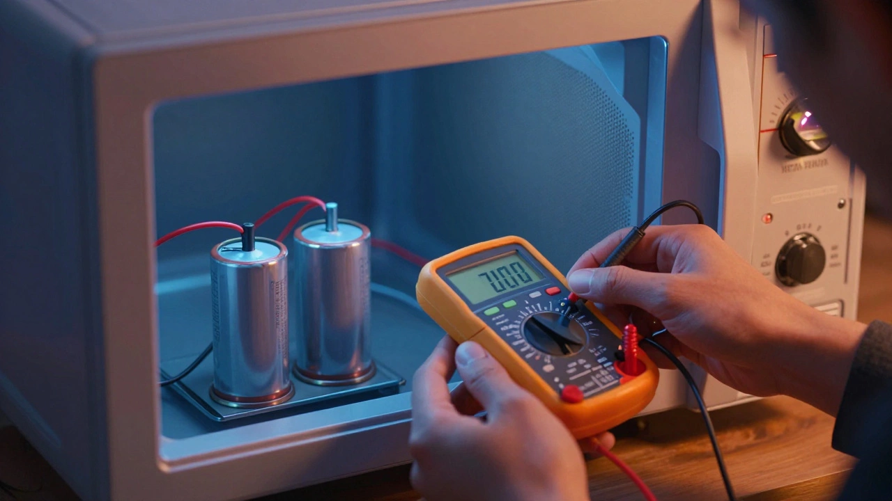 A hand testing a capacitor inside an open microwave with a multimeter, safety symbols faintly visible.
