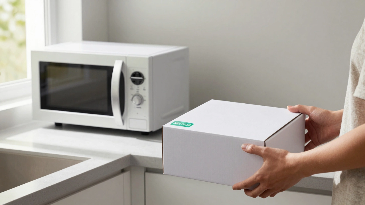 A person holding a new microwave next to an old one being prepared for recycling in a bright kitchen.