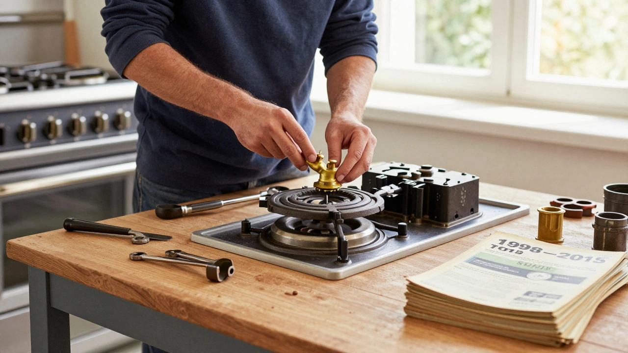 A repair technician replacing a brass valve on a decades-old Thermador range, surrounded by tools and vintage service manuals.