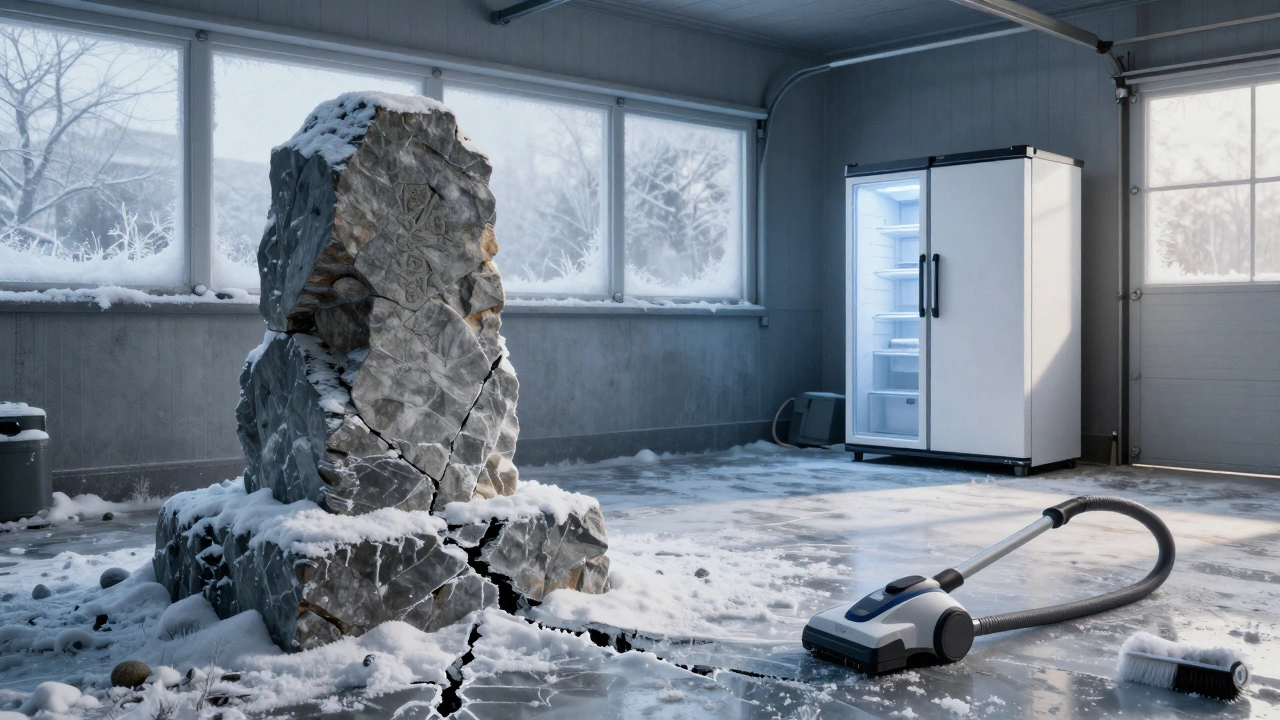 An old freezer crumbling like a monument in a snowy garage, a new one glowing in the distance.