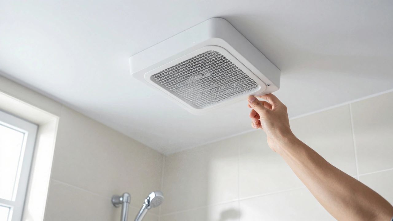Bathroom exhaust fan being inspected during maintenance check