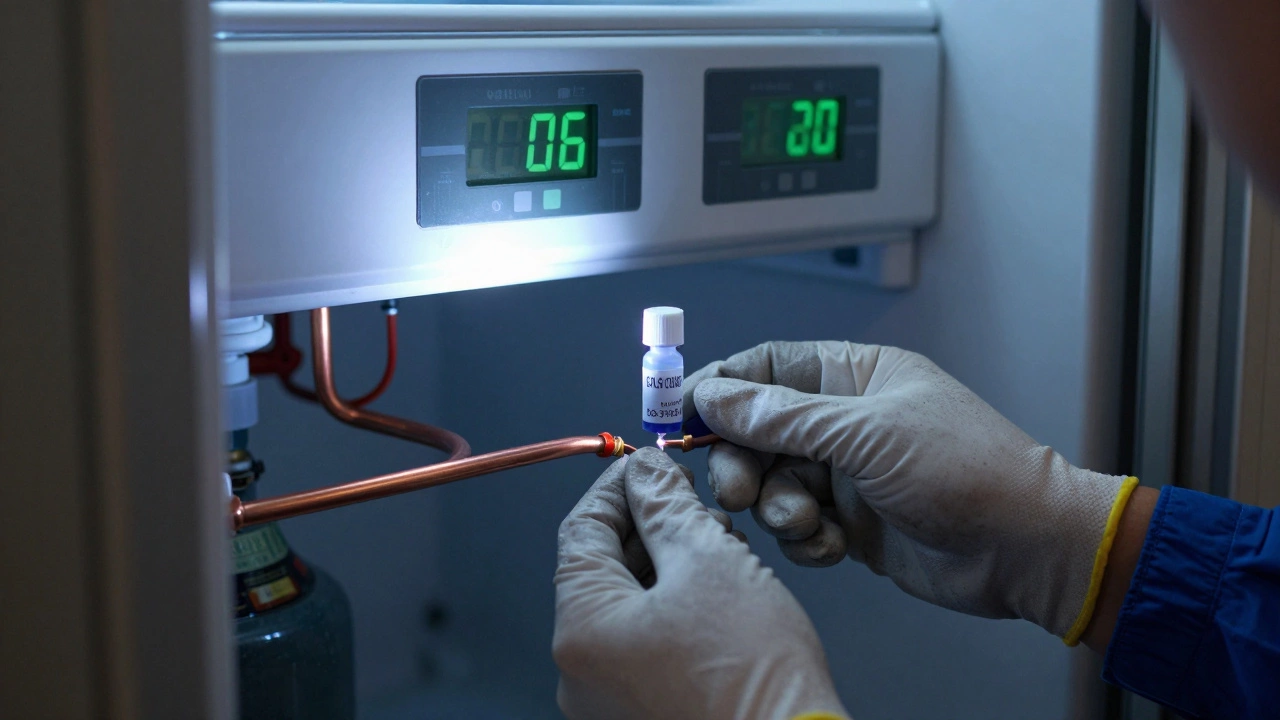 Close-up of a technician detecting a refrigerant leak with UV light and dye.