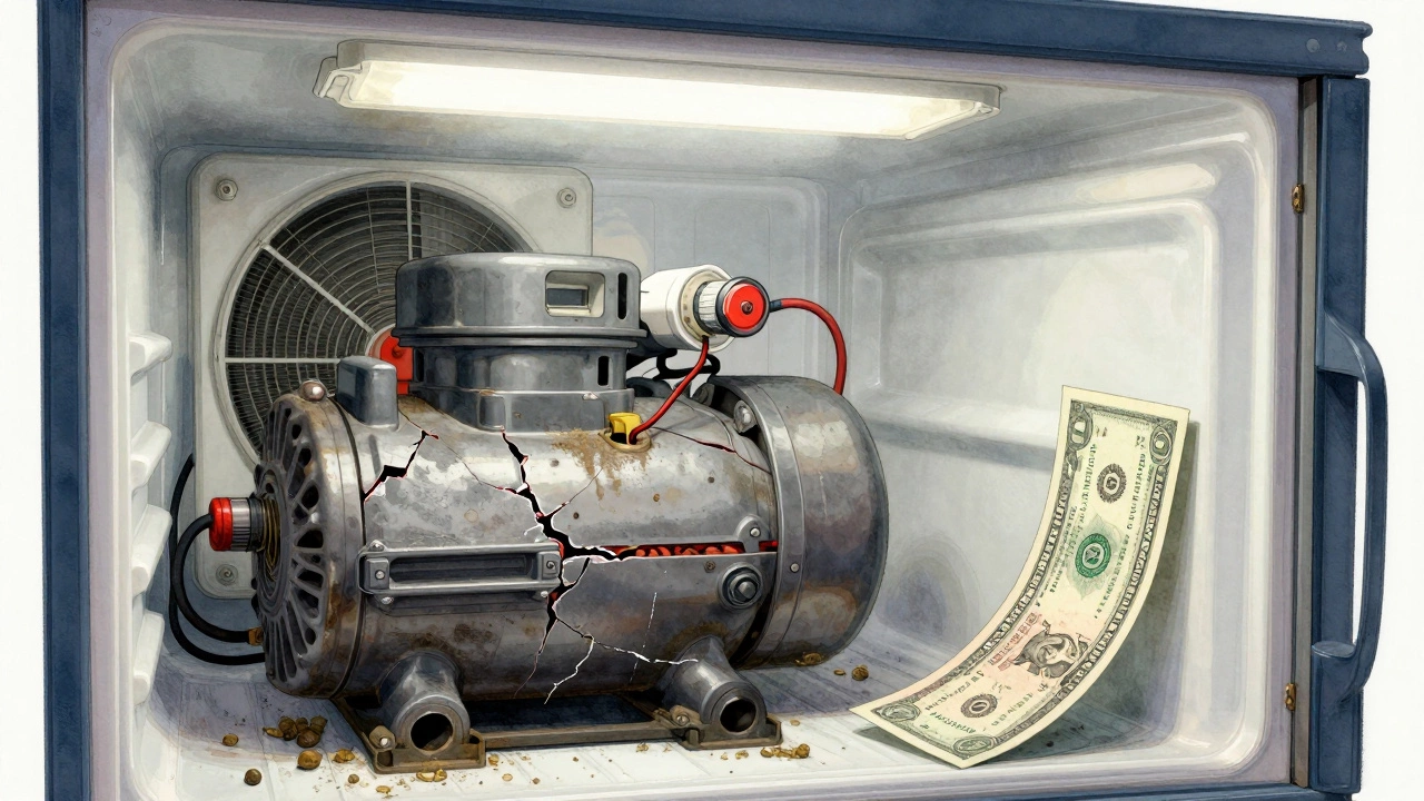 Cross-section of a broken freezer showing failed compressor, dusty coils, and a warped door seal.