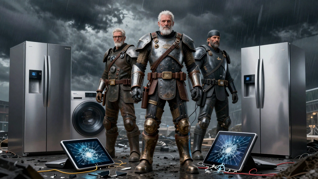 Durable appliance brands like Sub-Zero and Maytag standing strong against broken modern smart appliances in a symbolic battle of longevity.