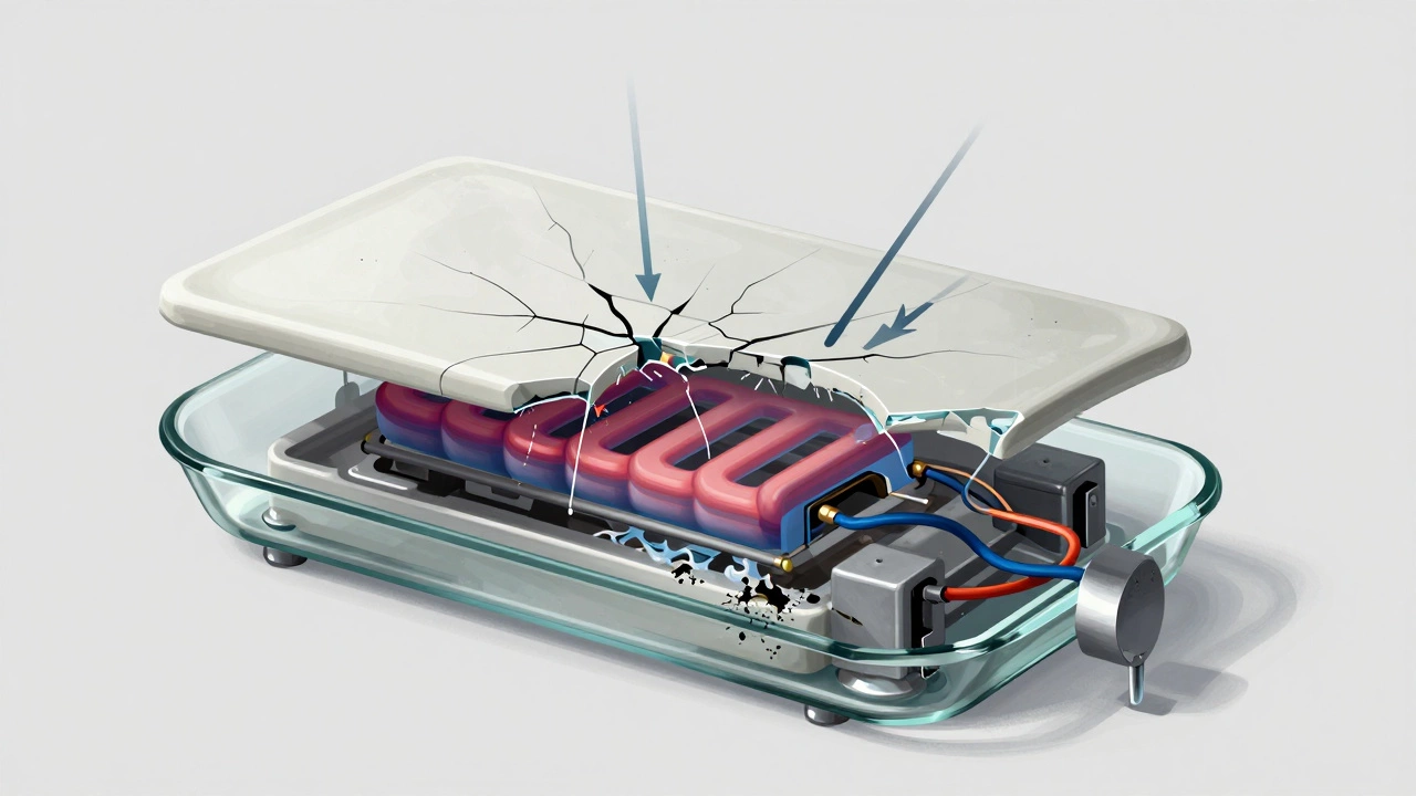 Internal cross-section of a damaged glass cooktop showing cracked surface, exposed wiring, and moisture-induced corrosion.
