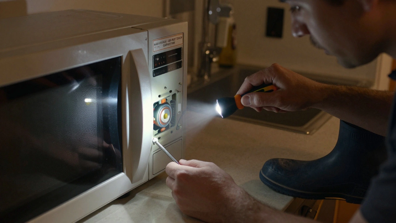 Person safely opening a microwave's back panel with flashlight illuminating the thermal fuse, wearing rubber-soled shoes for safety.
