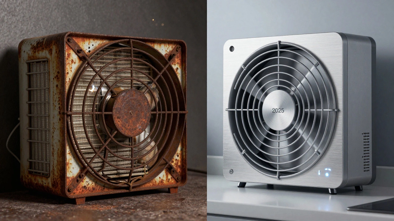 Side-by-side comparison of an old, damaged extractor fan and a modern, sleek, energy-efficient model.