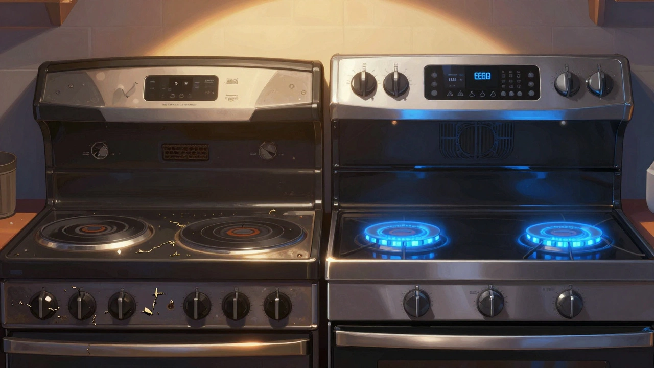 Side-by-side comparison of an old electric range and a modern energy-efficient model in warm lighting.
