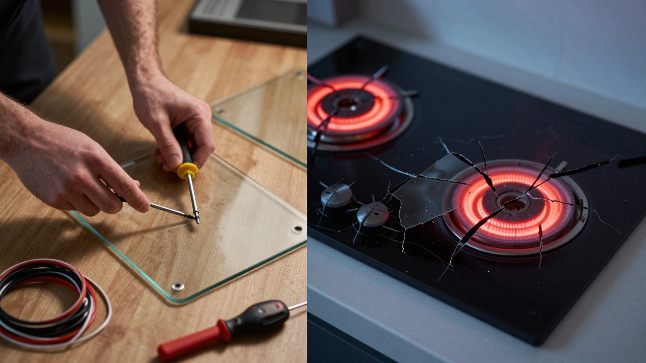 Side-by-side comparison: person replacing a glass hob top vs. the same hob previously damaged with heat damage beneath.