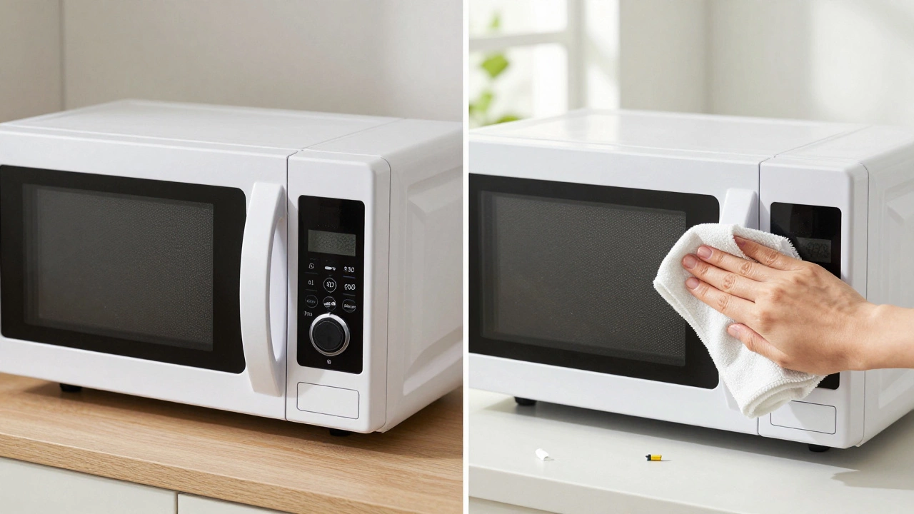 Side-by-side: new microwave on counter versus older one being repaired with fuse and cleaning cloth, highlighting cost-saving repair.