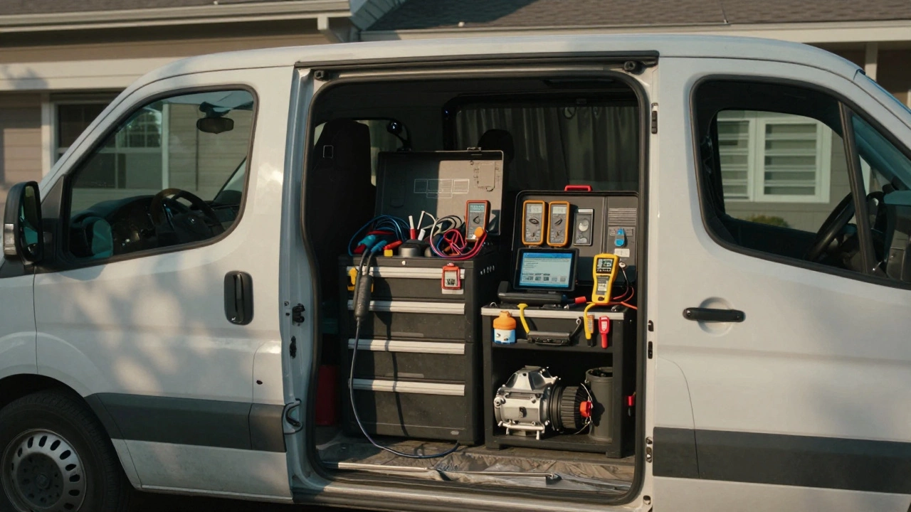 Technician's van filled with specialized tools and diagnostic equipment for appliance repair.
