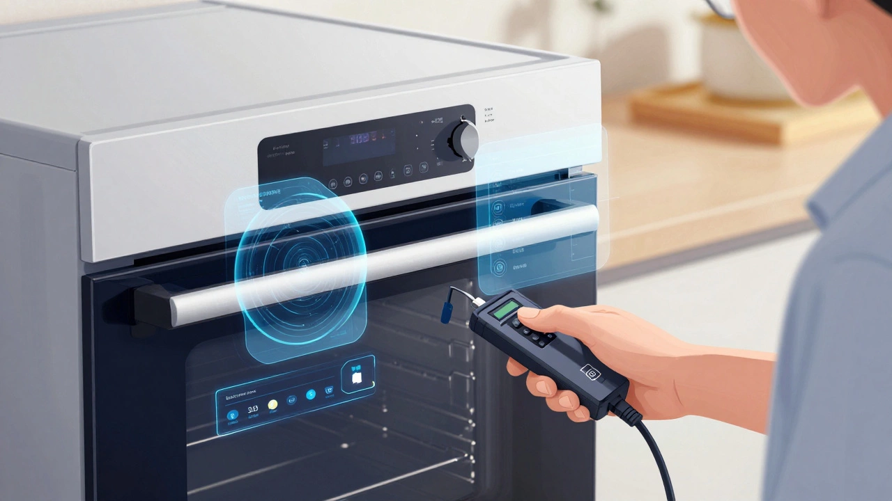 Technician connects diagnostic tool to smart appliance panel.