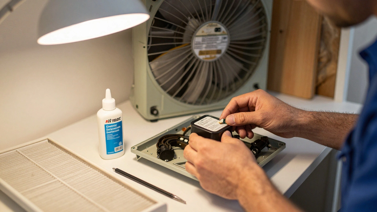 Technician replacing a capacitor in an open extractor fan with clean tools and a maintenance log visible in the background.