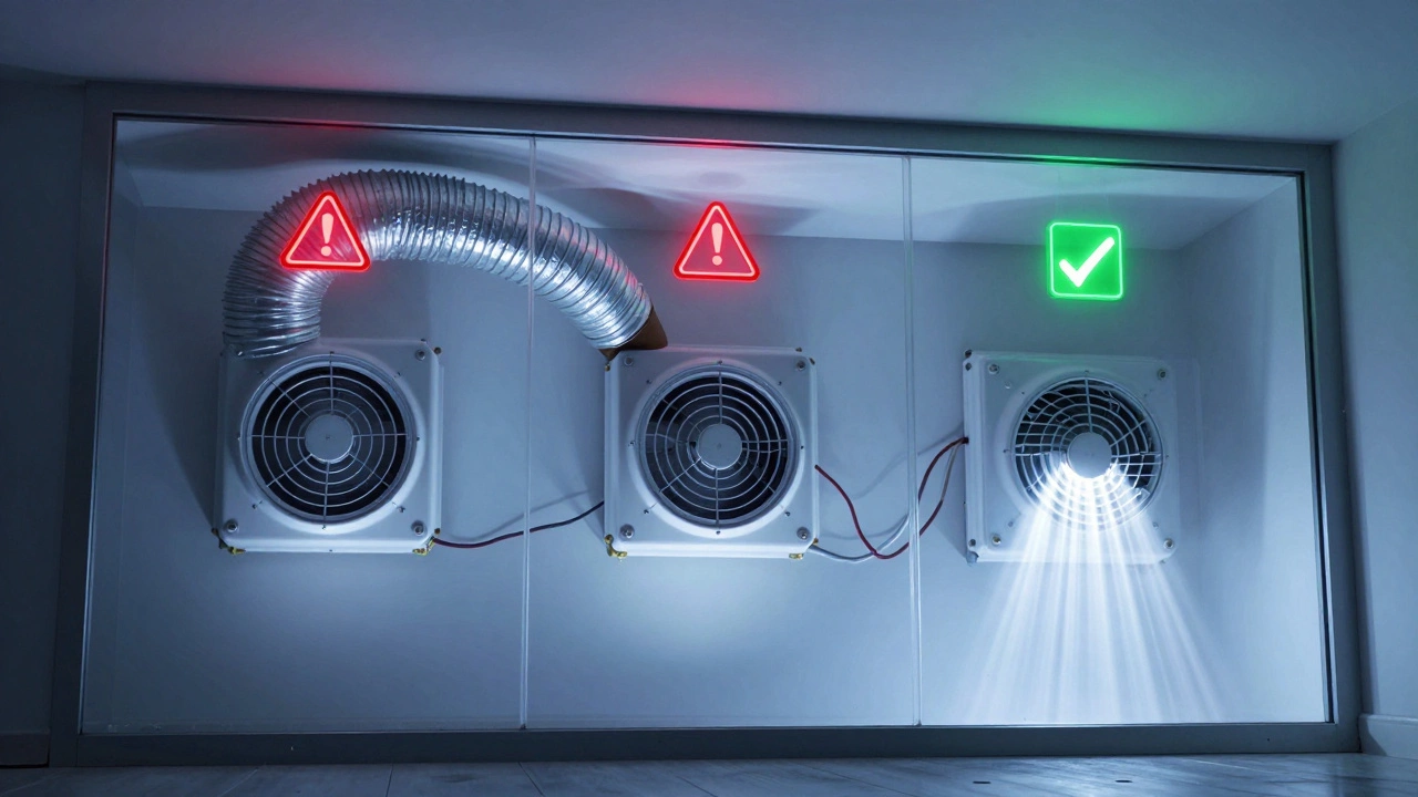 Transparent home cross-section showing three types of extractor fan installations with contrasting outcomes.