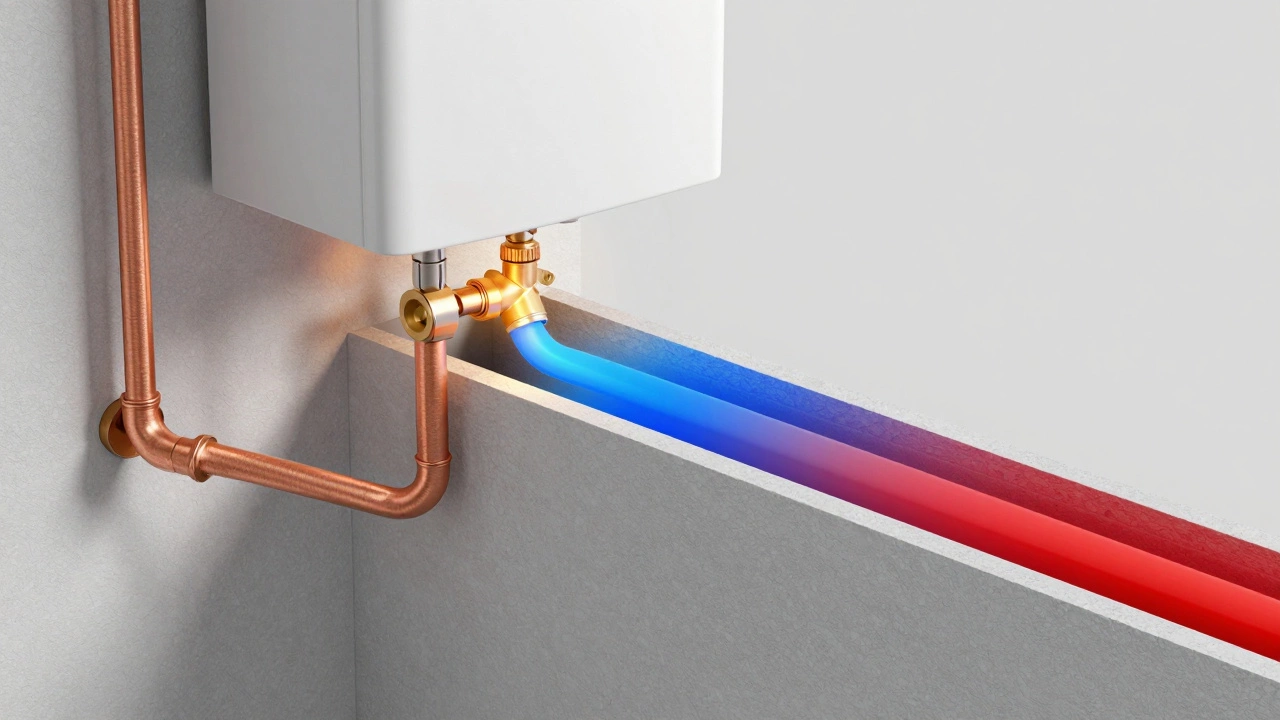 3D cross-section of a shower cartridge showing cold water mixing with hot water
