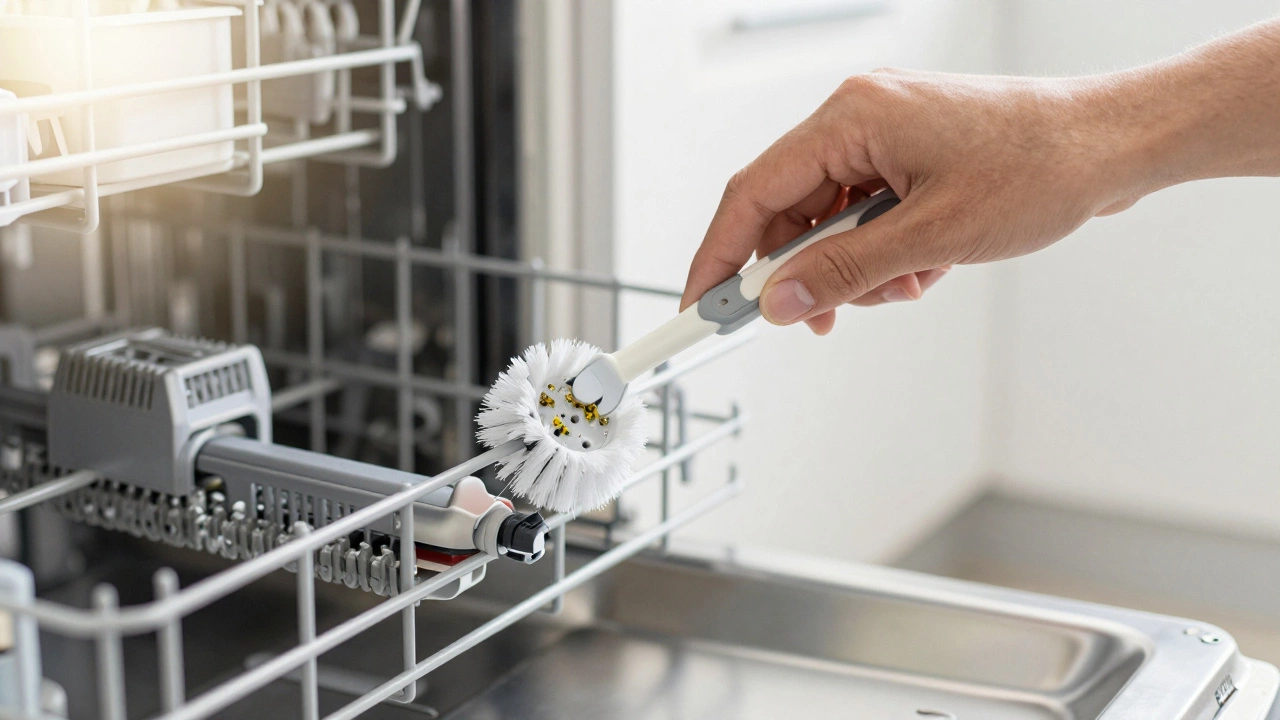 A hand cleaning the spray arm of a dishwasher with a small brush
