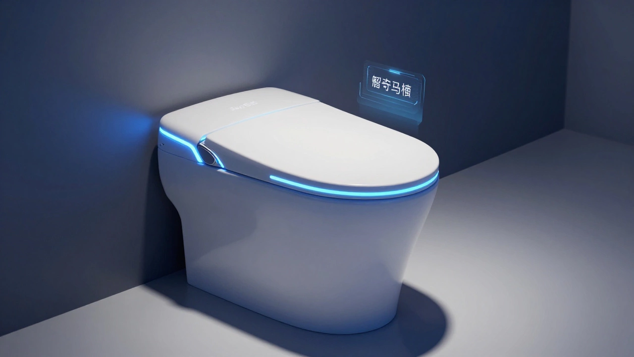 A high-tech smart toilet with glowing LED lights and electronic controls.