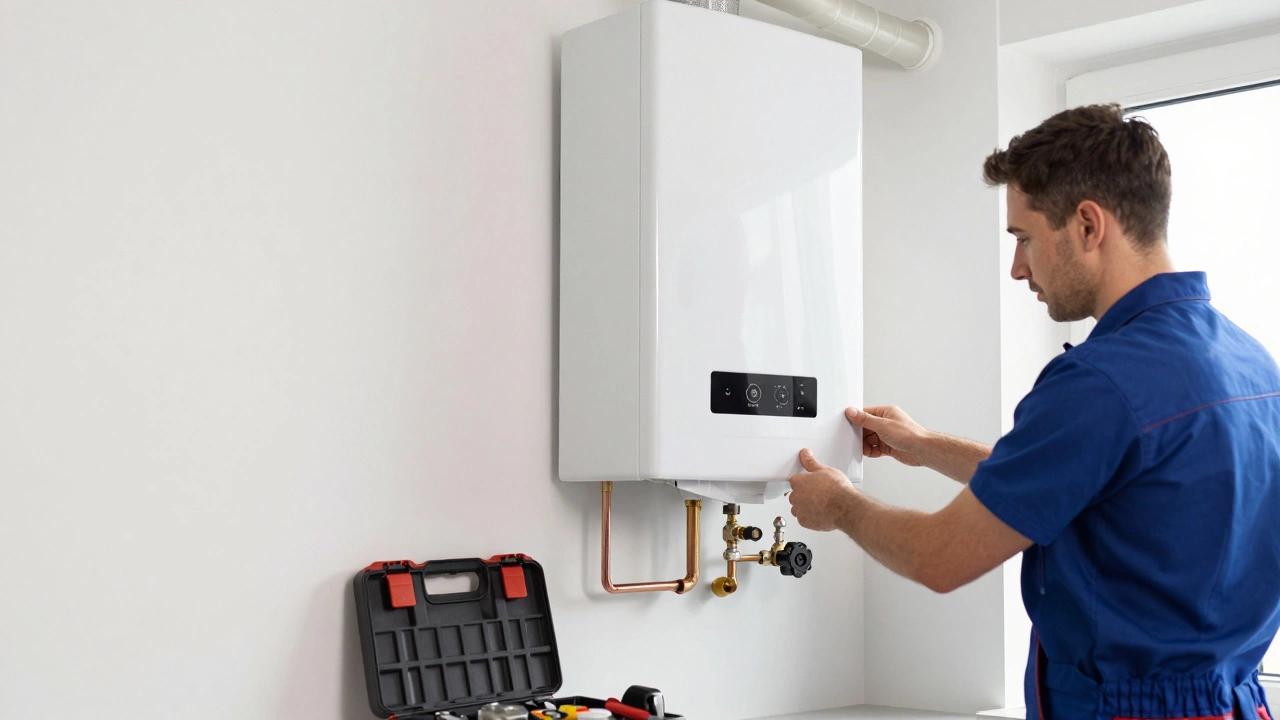 A qualified engineer installing a modern white combi boiler with copper pipes in a utility room.