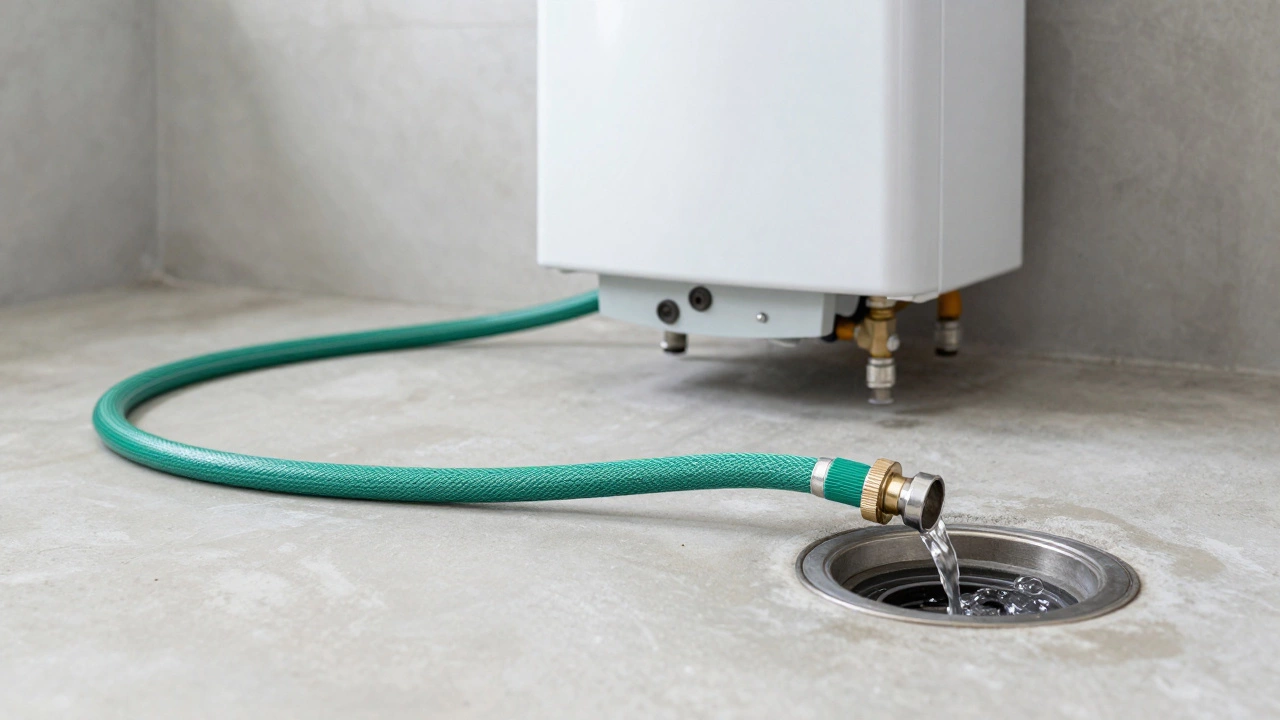 Clear water flowing through a hose on a garage floor after a successful water heater flush.