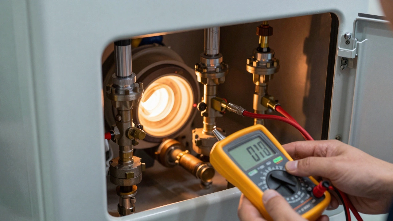 Close-up of a technician using diagnostic tools to check a boiler's internal components.