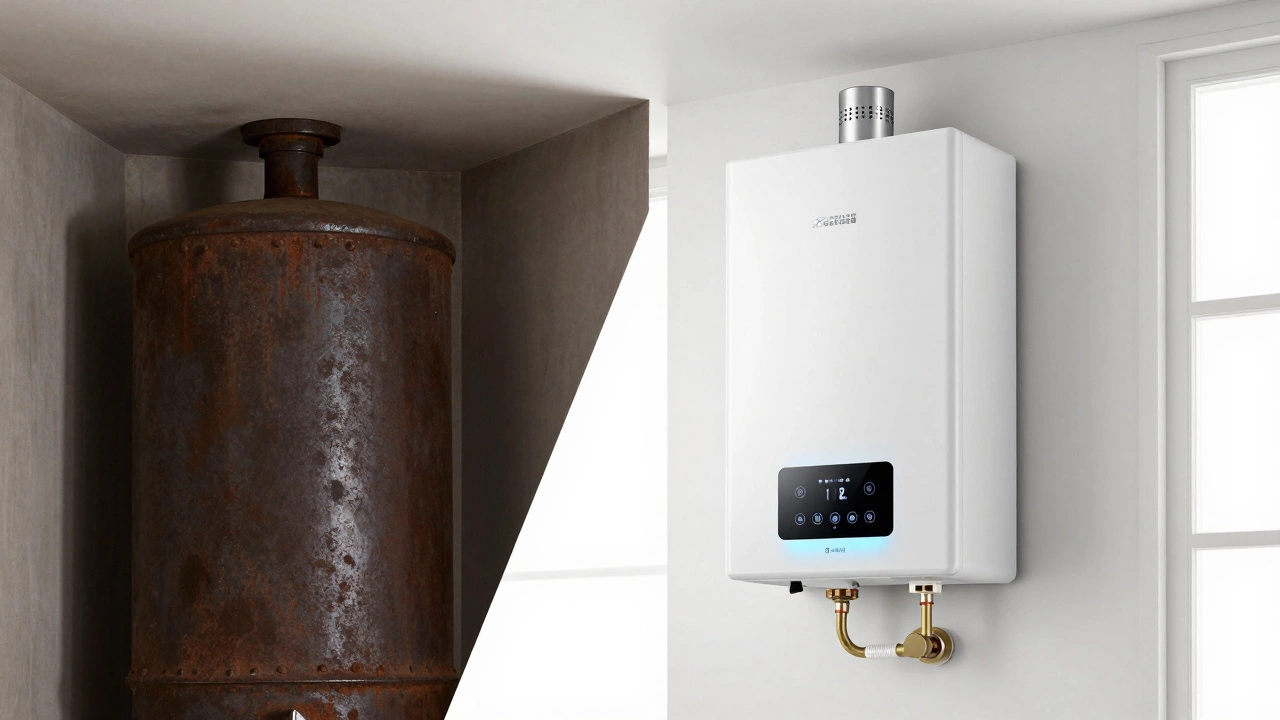 Comparison between a bulky old water heater and a modern tankless unit