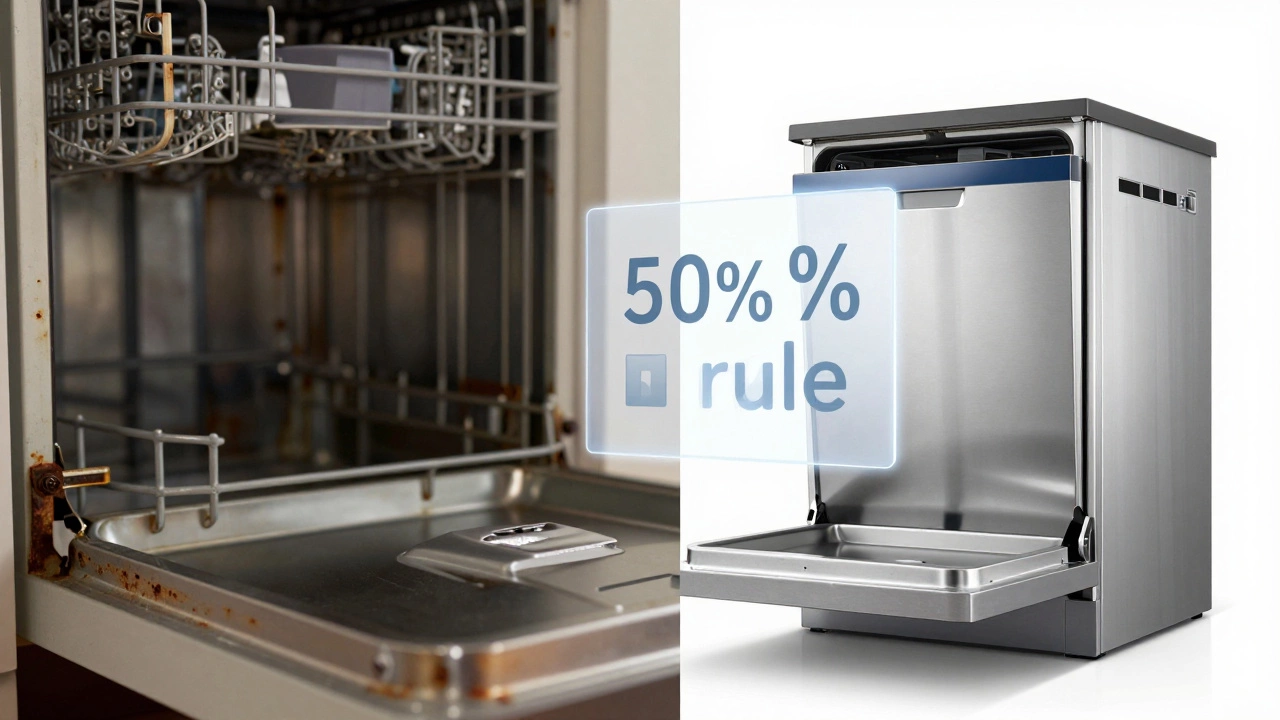 Comparison between an old rusted dishwasher and a new energy-efficient model