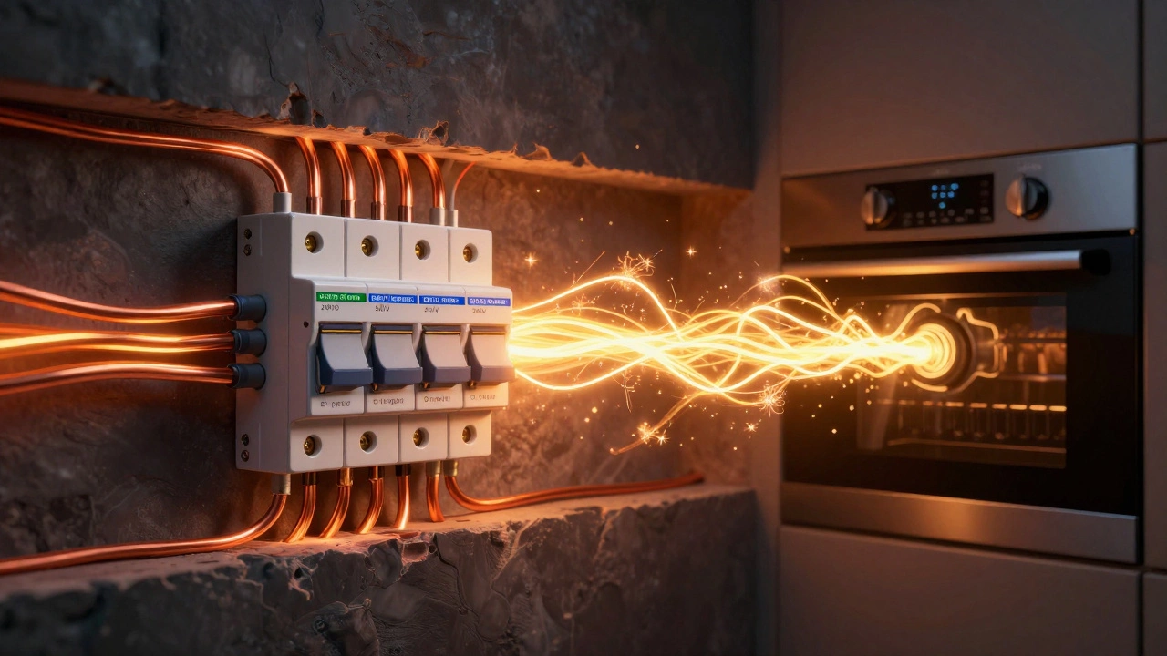 Conceptual 3D illustration of high-voltage electricity flowing through wall wiring to an oven.