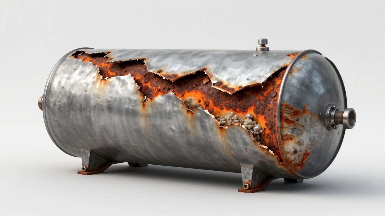Cross-section of a corroded water heater tank showing rust and sediment