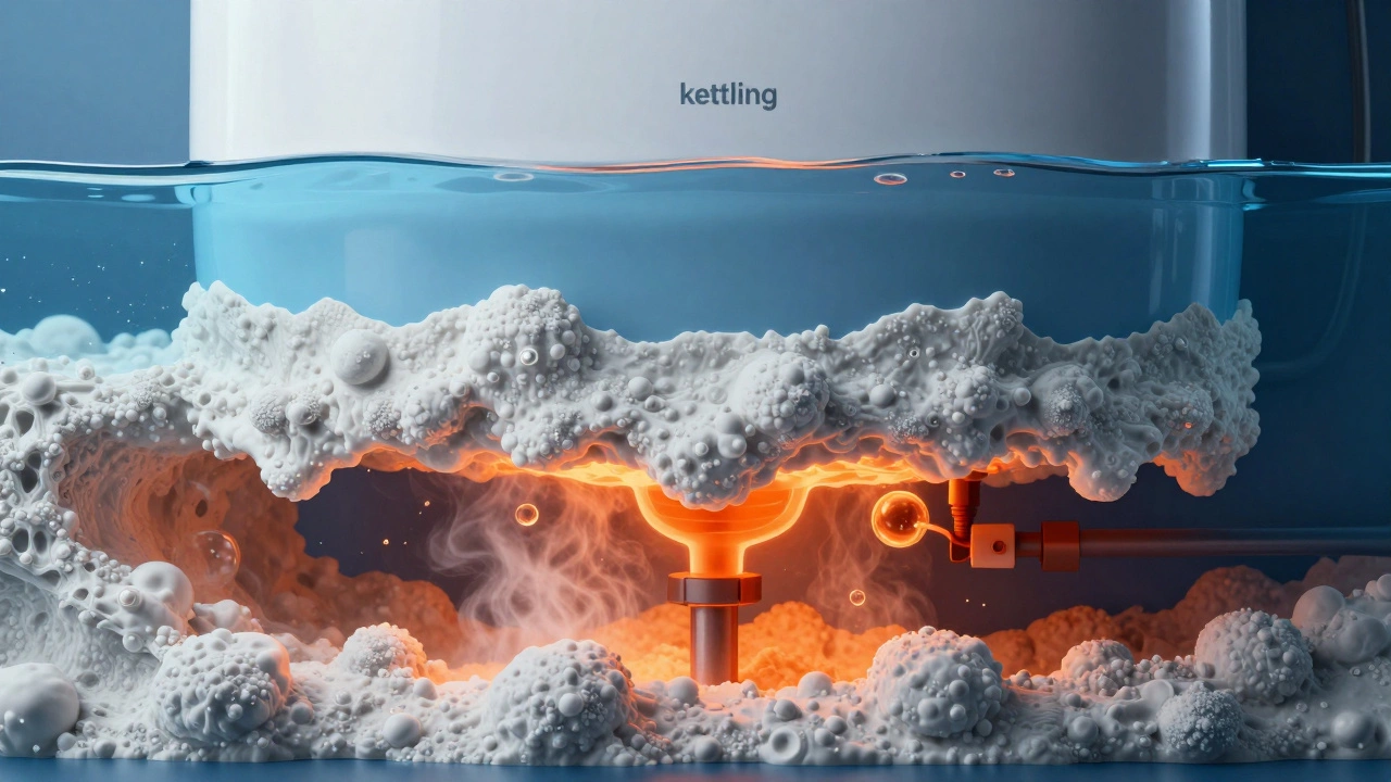 Cross-section of a water heater showing mineral sediment and steam bubbles at the bottom.