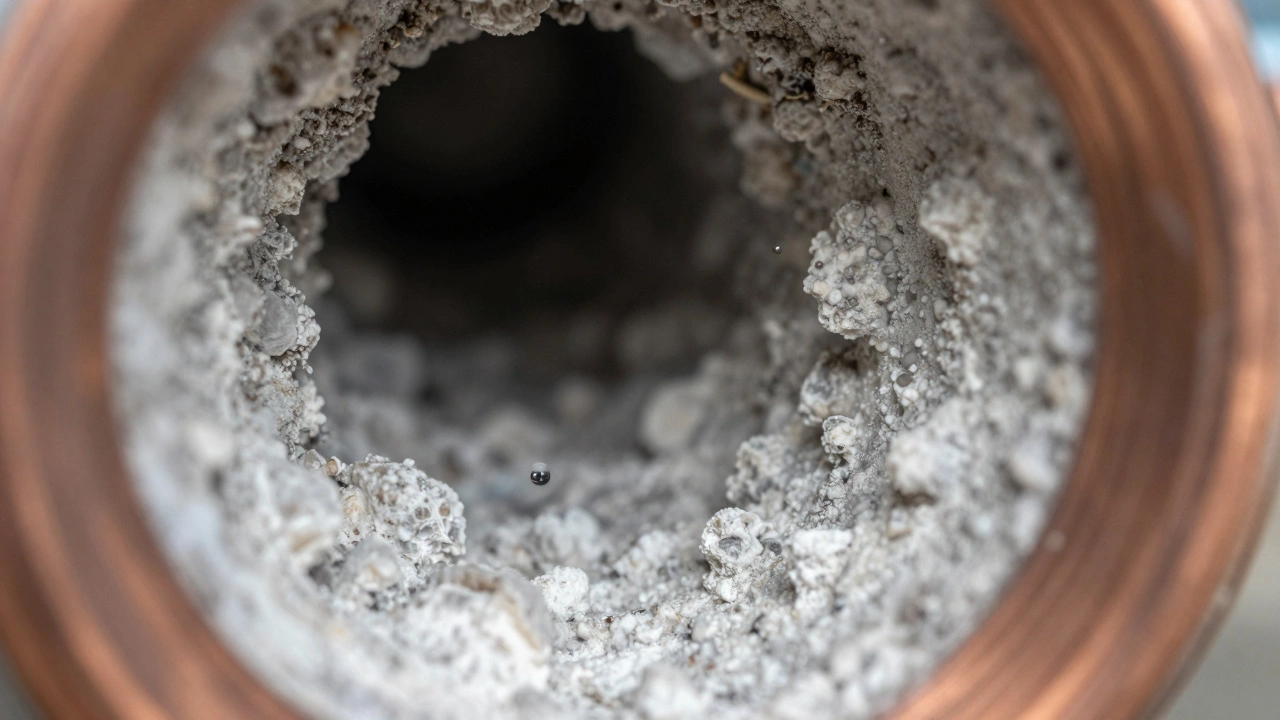 Macro view of mineral scale buildup inside a copper plumbing pipe