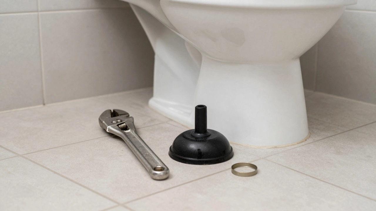 Plumber's tools on a bathroom floor next to a toilet base.