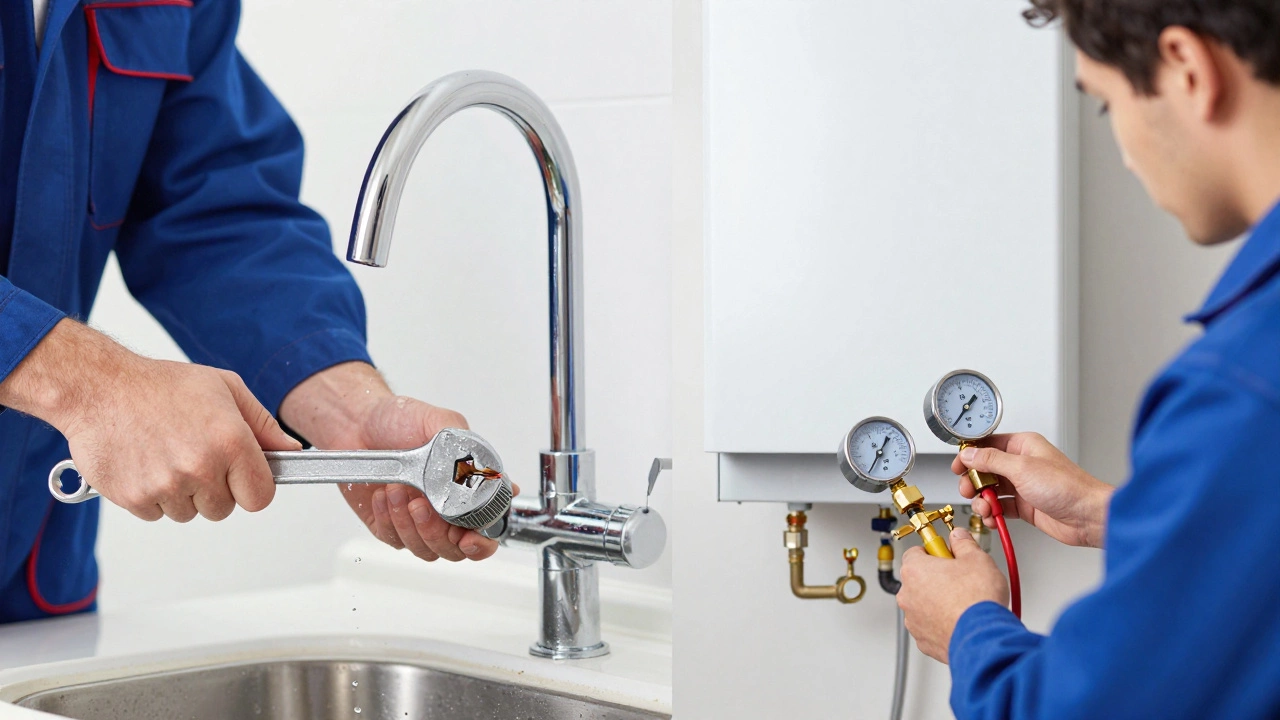 Split view showing a plumber fixing a tap and a heating engineer testing a gas boiler.